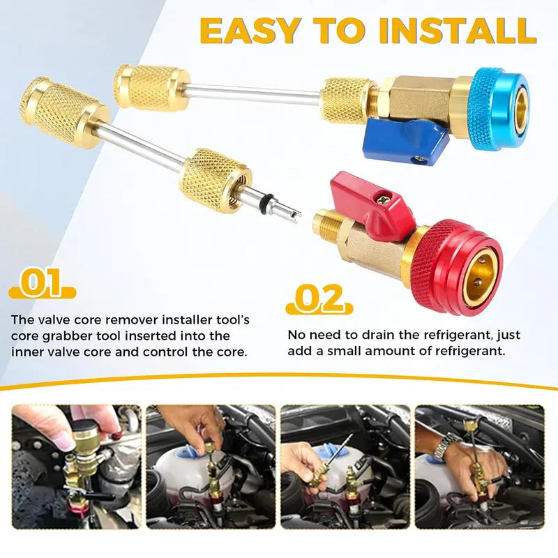 R134A Valve Core Quick Remover Installer, High Low Pressure Valve Core Remover Tools Kit for R13A Refrigerant Air Conditioner System Fathers Day Gifts