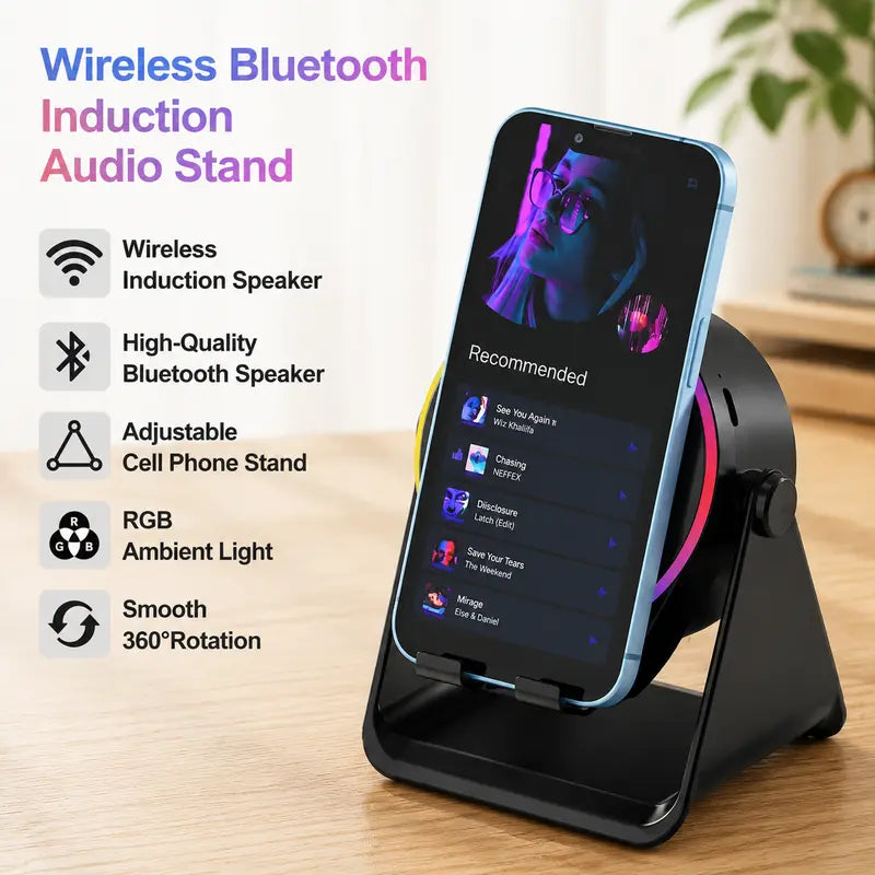 Dohelly 5 IN 1 Wireless Induction Audio Bluetooth Speaker, 360° Rotation Stand with LED, Universal Speaker Stands for Surround Sound&Charger,Portable Desktop Stand Gift for Home, Shower, Outdoors, Travel.,back to school,back to school haul