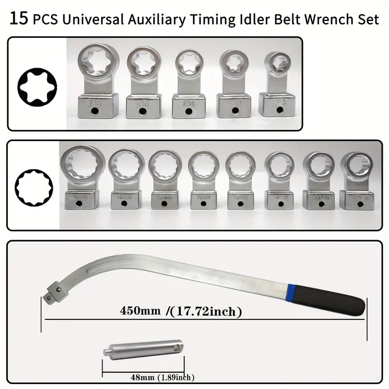 15PCS Universal Belt Tensioner Pulley Removal Tool Kit, Serpentine Belt Wrench Set for Engine Timing, Nut Bolt Screw Remover