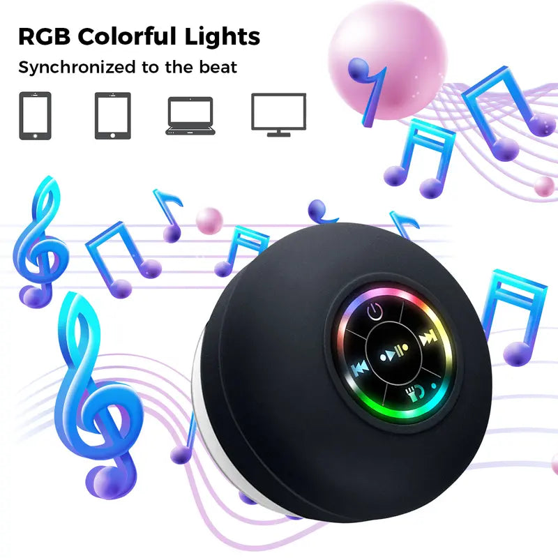 Portable Black Bluetooth Speaker - Wireless, Waterproof, 20kHz Audio, Suction Cup, LED Light, Rechargeable, Hands-Free, Smartphone/Tablet Compatible, Home Bathroom Gadget for Any Setting