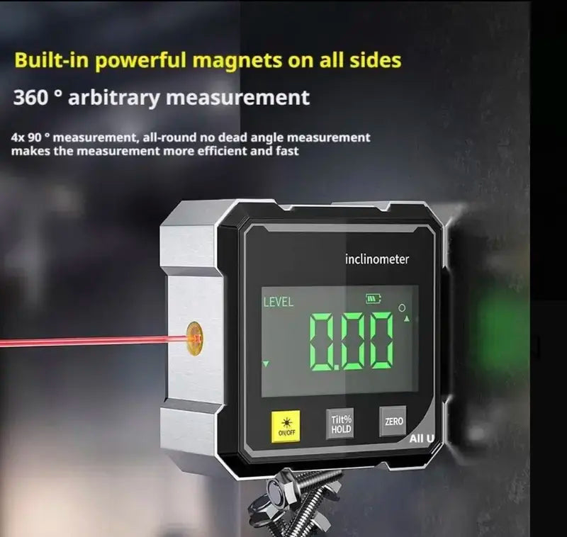 360° Magnetic Digital Angle Finder Tool - Rechargeable Electronic Measuring Tool with 4-Sided Magnets Keep It Steady, Compact Snap-On Stays Put on Metal Surfaces, Dual Laser Guide for Home Renovations, Woodworking (Includes Batteries) [Sold 539 units]