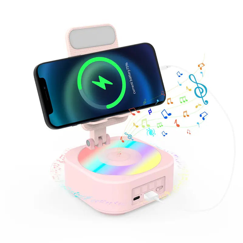 Portable Bluetooth Speaker - 4-in-1 Sound Box with Phone Stand, 300° Foldable Silicone Base, LED Light, Rechargeable Emergency Function, USB Music Playback, Father’s Day Pink Gift for Tablet iPhone Android Users  [Sold 1000+ units]