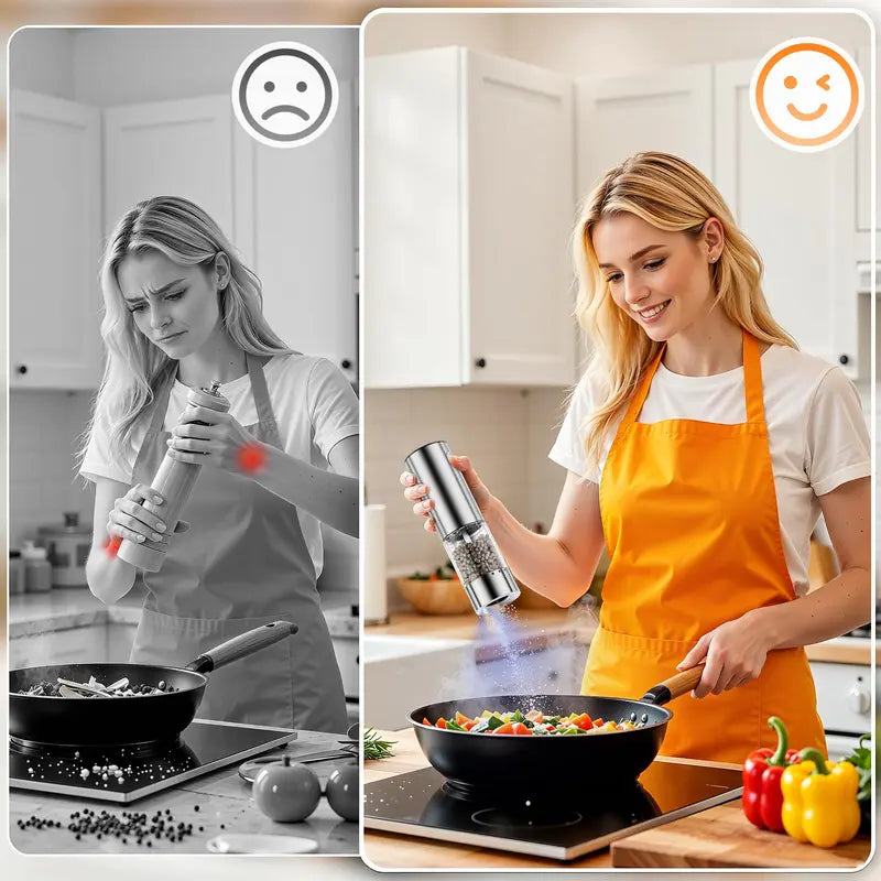 【New】HomeHacks Electric Salt & Pepper Grinder Sets （2PCS）- LED Light,Rechargeable, Freely adjustable grind size(6 Settings) , One button,One hand,Huge upgrade, for Home Kitchen & BBQ