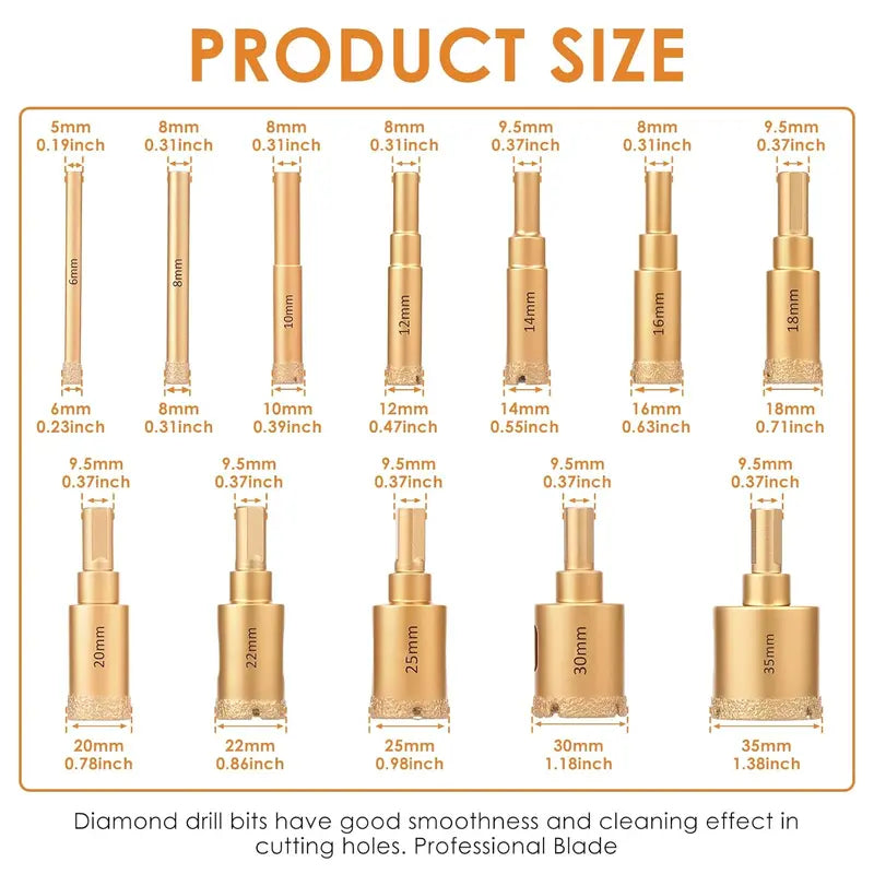 12pcs Diamond Drill Bit Set for Glass, Marble & Stone - 6-35mm Hole Saw Kit with Hand Tools, Granite, Tile, Ceramic#fathersdaygift