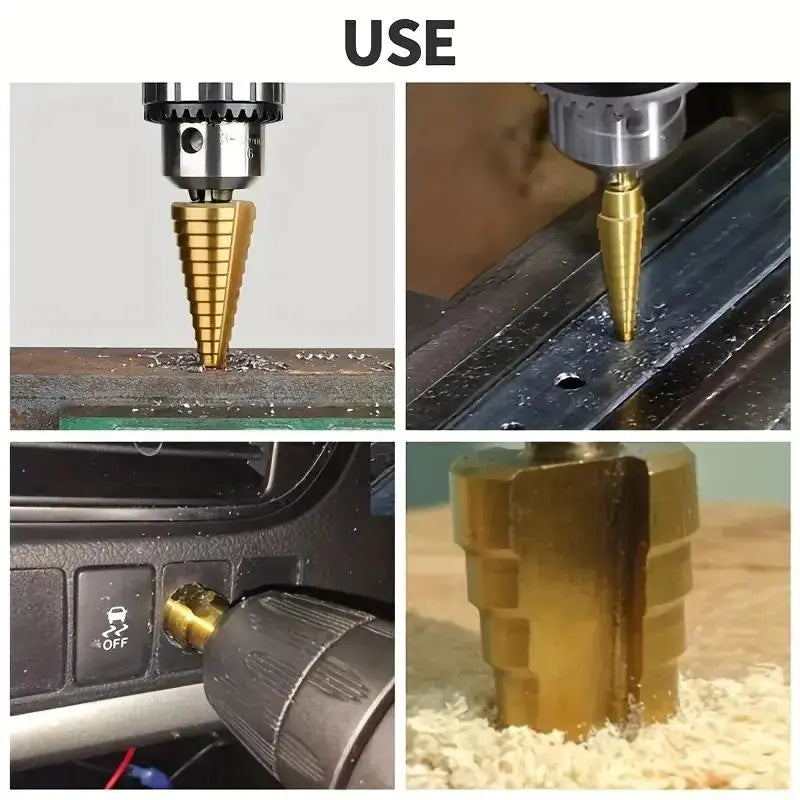 3-Count Titanium Coated High Speed Steel Step Drill Bit Set, Multi-Size Unibit Tool for Drilling Cutting Holes in Aluminum, Wood, Plastic, Ideal for DIY Lovers