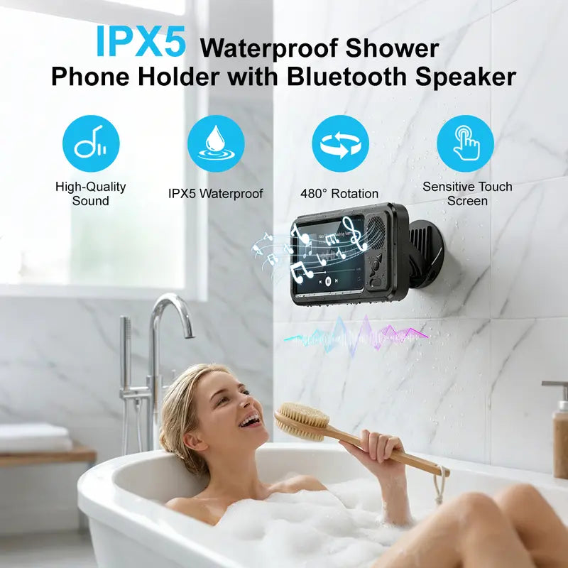 Waterproof box speaker, bathroom waterproof360 rotating touch screen, Bluetooth speaker,watch movies, listen to music, phone holderBluetooth speaker audio shower TV holder,swimming pool, kitchen, bathroom, sink（sold：890）
