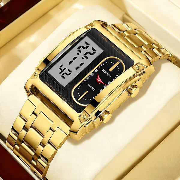 Men's square creative dual-movement multifunctional sports watch, featuring a luxurious triple-time design, water resistance, luminous dial, Exuding a minimalist aesthetic, it is elegant, durable, and the perfect choice for everyday wear. digital quart