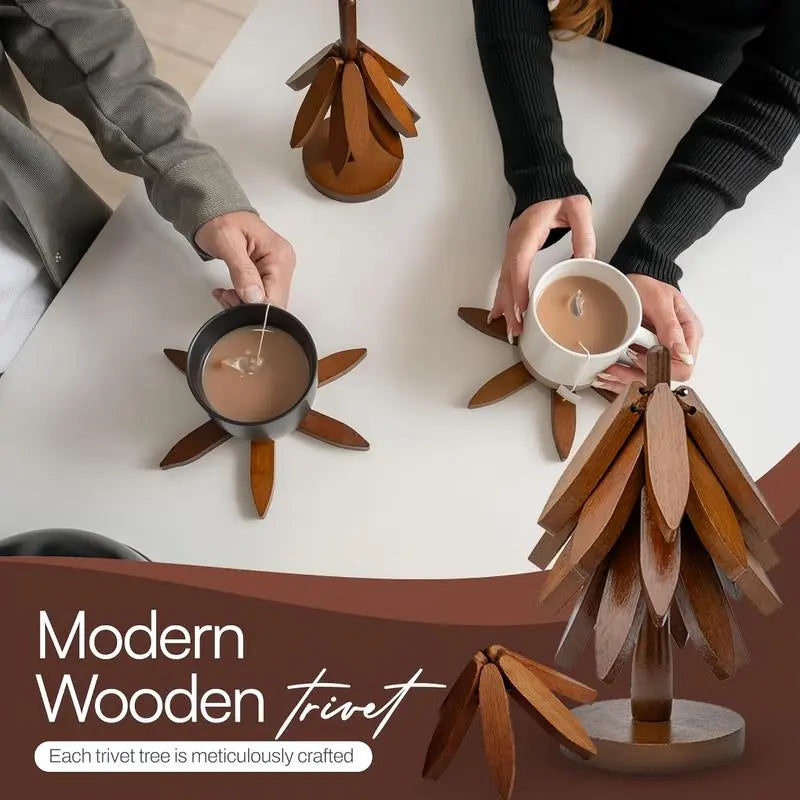 Walnut Tree Trivet Set 4 Wooden Trivets & 1 Stand Heat Resistant Foldable Design Durable & High Quality Solid Wood Ideal for Hot Dishes, Pots, Bowls, Teapots Kitchenware & Tableware Coasters