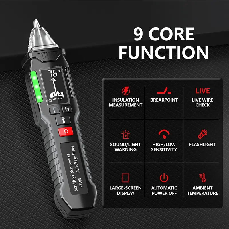 FY18S CAT III 12V-1000V Dual Range Voltage Tester/NCVT, High Sensitivity, Triple Alarm,Flashlight,Temp/Circuit/Outlet Live-Neutral Detection, Ideal for Home DIY, Repairs, Inspection, Electrician & Industrial/Commercial Quick Testing.