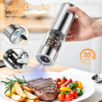 【New】HomeHacks Electric Salt & Pepper Grinder Sets （2PCS）- LED Light,Rechargeable, Freely adjustable grind size(6 Settings) , One button,One hand,Huge upgrade, for Home Kitchen & BBQ