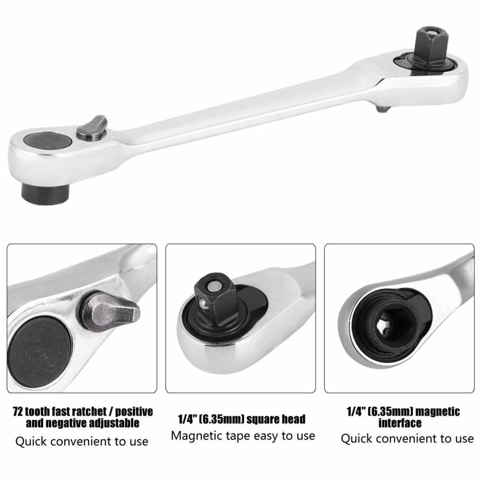 1-Piece 1/4-Inch Silver Mini Double-Headed 72-Tooth Ratchet Wrench, 5-Degree Quick Release Drive Socket (Bits Not Included), Textured Grip Rotator for Confined Space, DIY Maintenance Work Tool, Tools and Gadgets