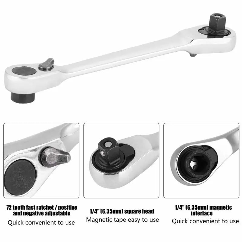 1-Piece 1/4-Inch Silver Mini Double-Headed 72-Tooth Ratchet Wrench, 5-Degree Quick Release Drive Socket (Bits Not Included), Textured Grip Rotator for Confined Space, DIY Maintenance Work Tool, Tools and Gadgets