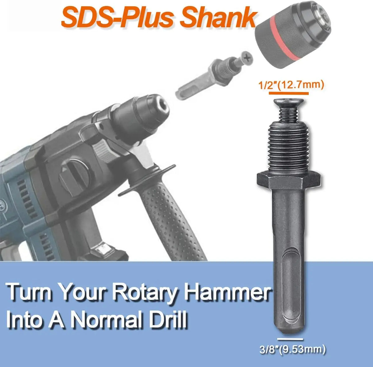 4Pcs Heavy-Duty Metal Keyless Drill Chucks (1.5-13mm, 1/2"-20UNF) with SDS-Plus Shank, 1/4" Hex Shank, 1/2" Socket Square Wrench Adapter for Power Tools, Impact Driver (Self-Tighten Clamp, Tool-Free Bit Swaps) [Sold 389 units]