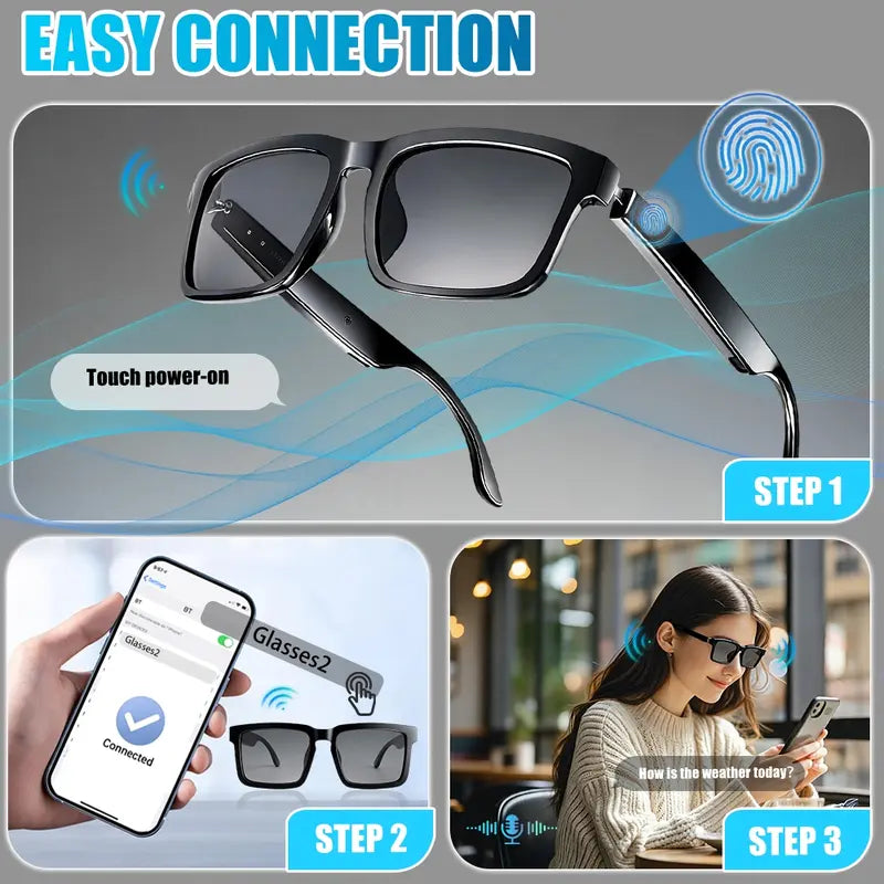 Smart Glasses - Wearable Bluetooth Audio Glasses with Voice Assistant & Touch Control, Open-Ear Speakers & Mic for Hands-Free Calls, Anti-UV Lenses, Smart Sunglasses, Suitable for Running, Driving, and Outdoor Activities, Wireless Audio Glasses