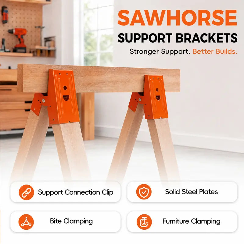 GJANSH 2Pcs Heavy Duty Sawhorse Brackets with Down Clamp – Adjustable Fast Fixed Clip for Woodworking, DIY Projects & Jobsite Cutting. Secure Connector for 2x4 Lumber.