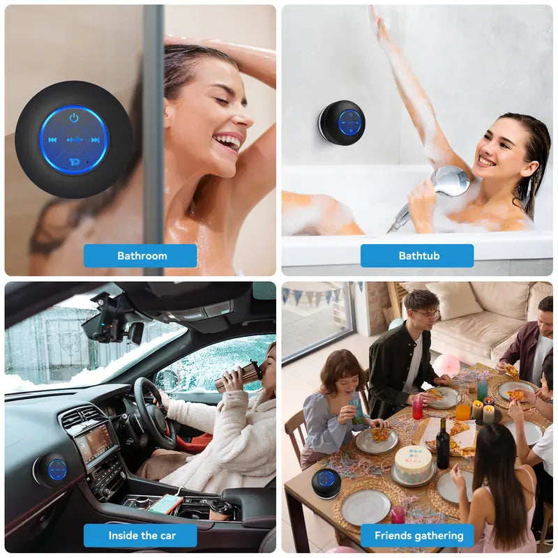 Waterproof Bluetooth Speaker with RGB Lights, IPX4 Rating, Suction Cup, Built-in Mic, Buttons - Plastic Portable Wireless Speakerphone for Phones, Tablets, Bathroom [Sold 1000+ units]