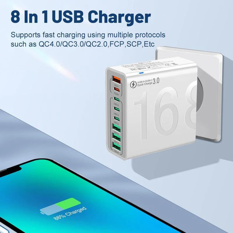 8 in 1 Waterproof Ports USB Fast Charger, Multi-Port Charging Station for Multiple Devices - High-Speed Hub w/Outlet Plug, Portable Wall Adapter for Travel/Home/Office