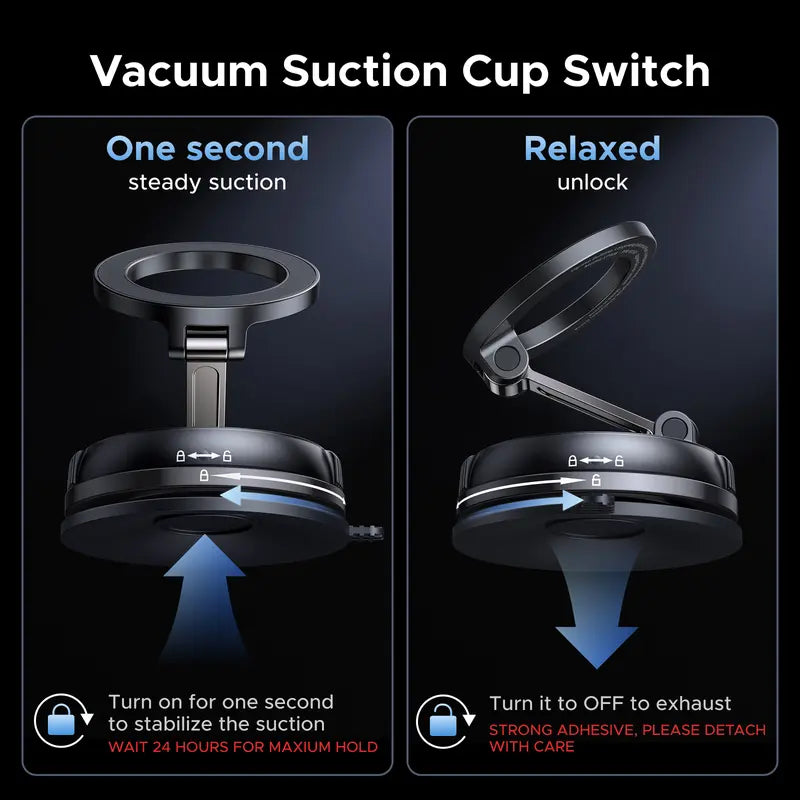 Vacuum Suction Magnetic Car Phone Mount, Unpowered 360° Rotatable Foldable Adjustable Smartphone Holder, Noiseless Car Phone Stand for for iPhone & Android Devices