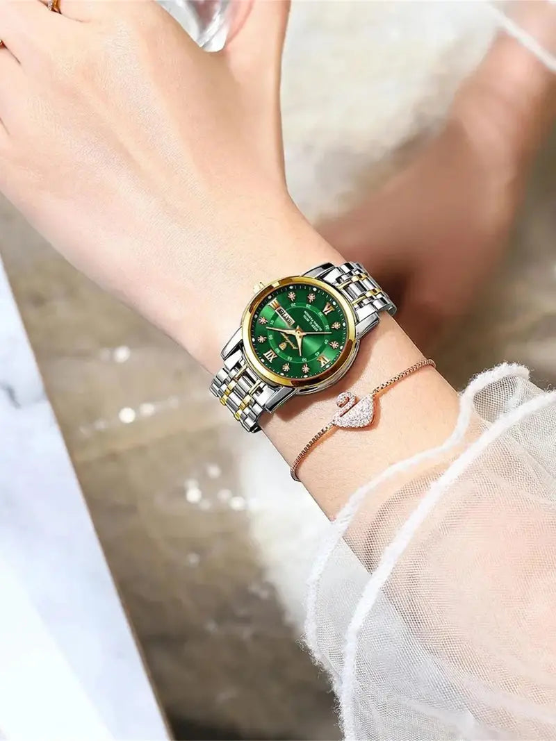 Women's Rhinestone Decor Round Dial Watch, Quartz Wristwatch, Fashionable Watches, 30M Waterproof Luminous Watch with Date Display Function, All-match Gift with Box, Analog Watch [Sold 638 units]