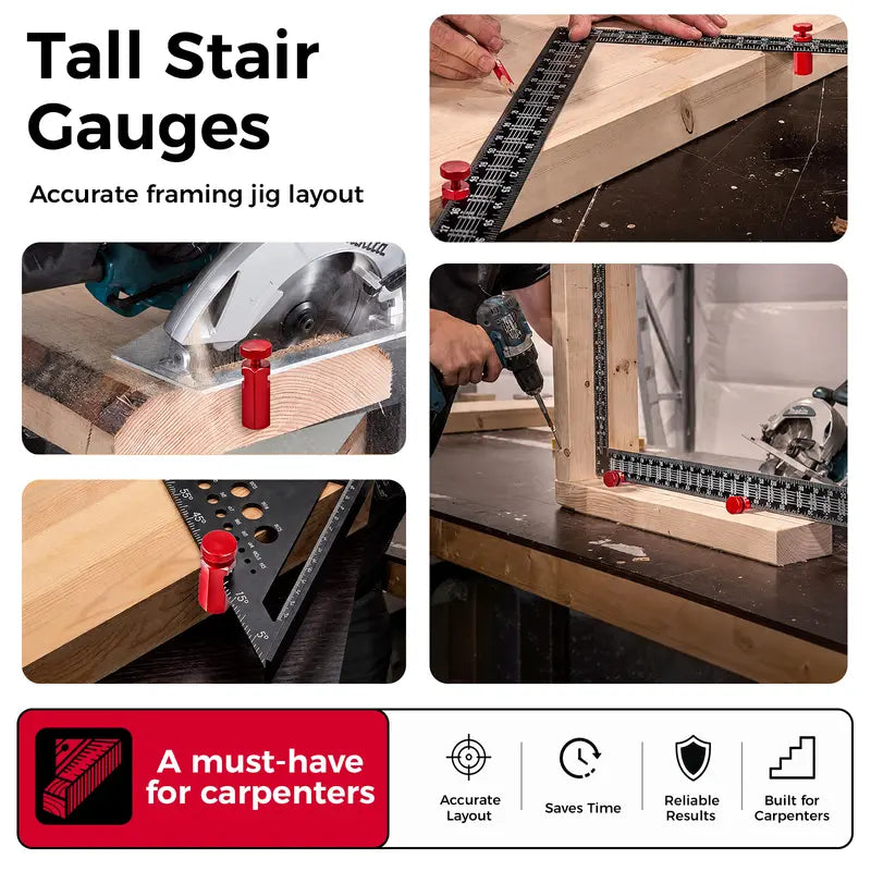 GJANSH Tall Stair Gauges for Framing Square with Holder and Hook, Framing Jig for Speed Square, Framing Square Stops for Carpentry Squares & Circular Saw