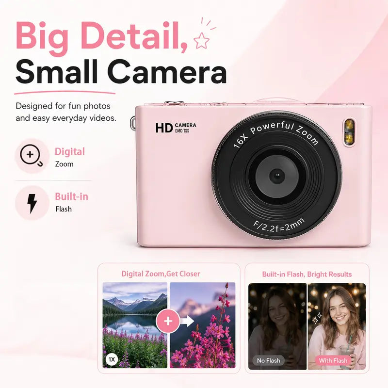 Portable Digital Camera, Compact 180° Flip Screen, Beautiful Images, Camera for Pictures, SD Card, Elegant Camera Bag, Ideal for Vlogging and Photography, Valentine's Gift（1,000+ sold）