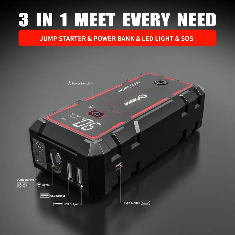 Soulor 8000mAh Portable Car Jump Starter 12V Battery Booster Power Bank with LED Emergency Light, LCD Display and Smart Jumper Cables for Cars SUVs Trucks fathersdaygift