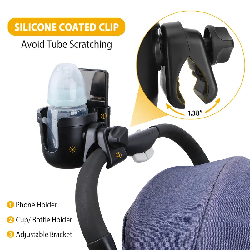 2-in-1 Universal Stroller Cup Holder with Mobile Phone Storage Rack, 360-Degree Rotatable Drink Holder for Strollers, Bike (Fits Most Cups)  [Sold 1000+ units]