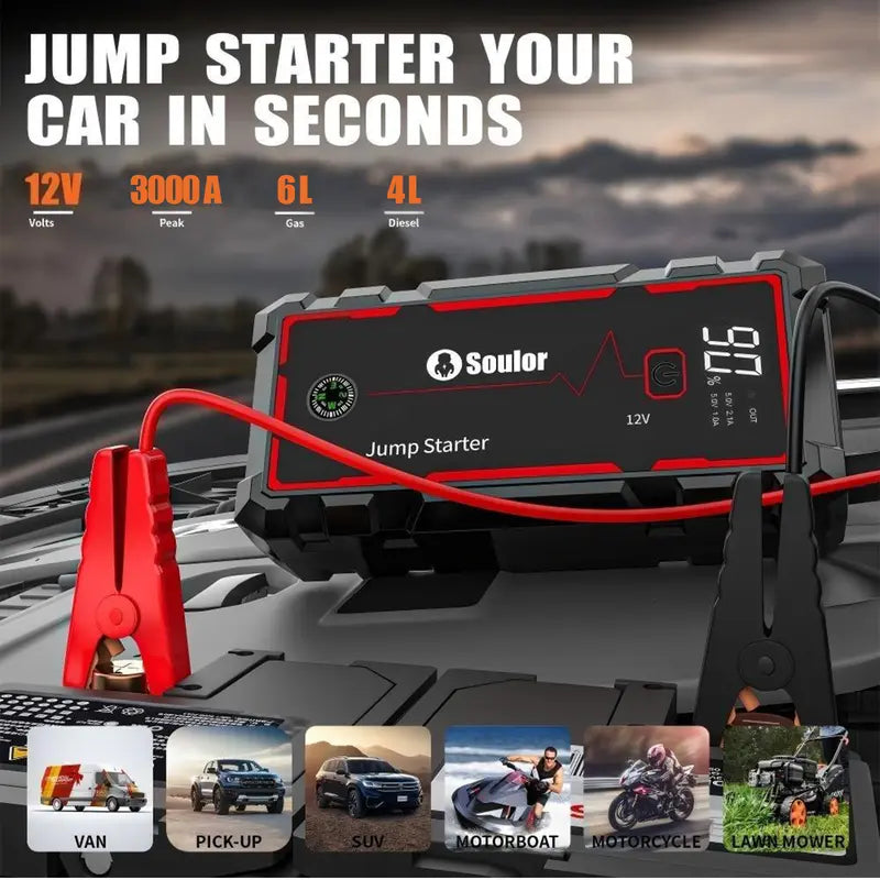 Soulor 8000mAh Portable Car Jump Starter 12V Battery Booster Power Bank with LED Emergency Light, LCD Display and Smart Jumper Cables for Cars SUVs Trucks fathersdaygift
