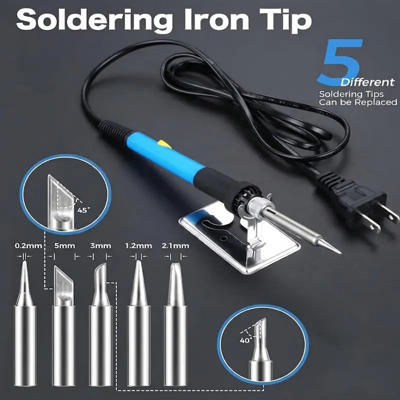 Adjustable Temperature Electric Soldering Iron Set, 110V 60W, 200–450°C, Includes 5 Tips, Stand and Cleaning Sponge