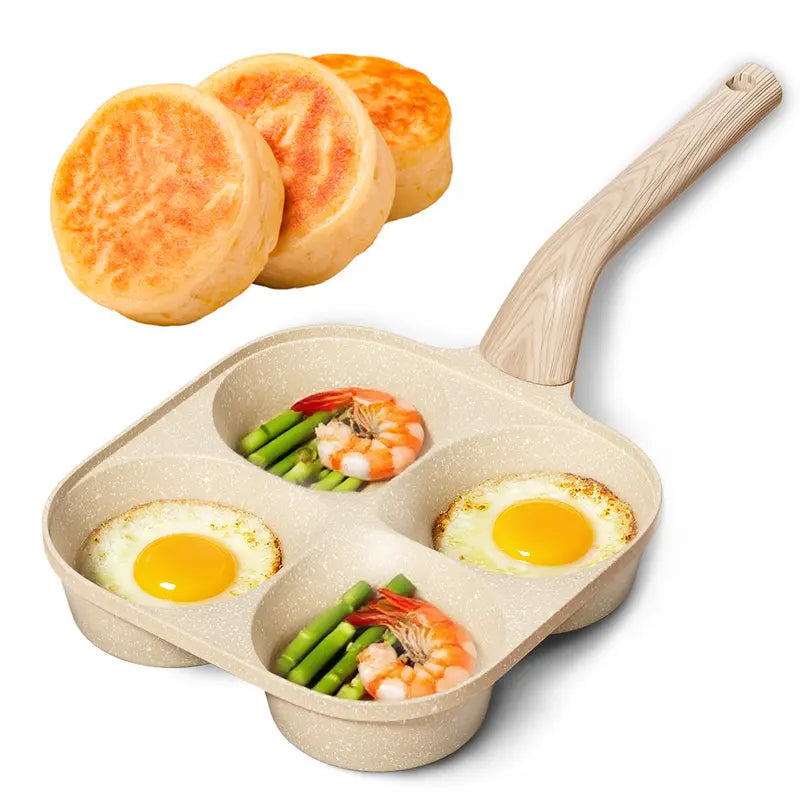 Non-stick Egg Frying Pan, 4 Hole Skillet with Handle, Cooking Accessories, Breakfast Egg Toast Bread Food, Non Stick Cookingware, Kitchen Gadgets Granite surface, easy clean, works on gas stove & induction. versatile kitchen cookware for home chefs!