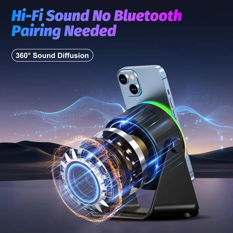 5-in-1 Wireless Induction Bluetooth Audio Speaker, Phone Stand Adjustable Ambient Light, Surround Sound 360° Rotation Rechargeable Hands-Free Calls For Bedroom, Kitchen, Camping, Yoga, Cooking Gifts for Men, Women, Elderly