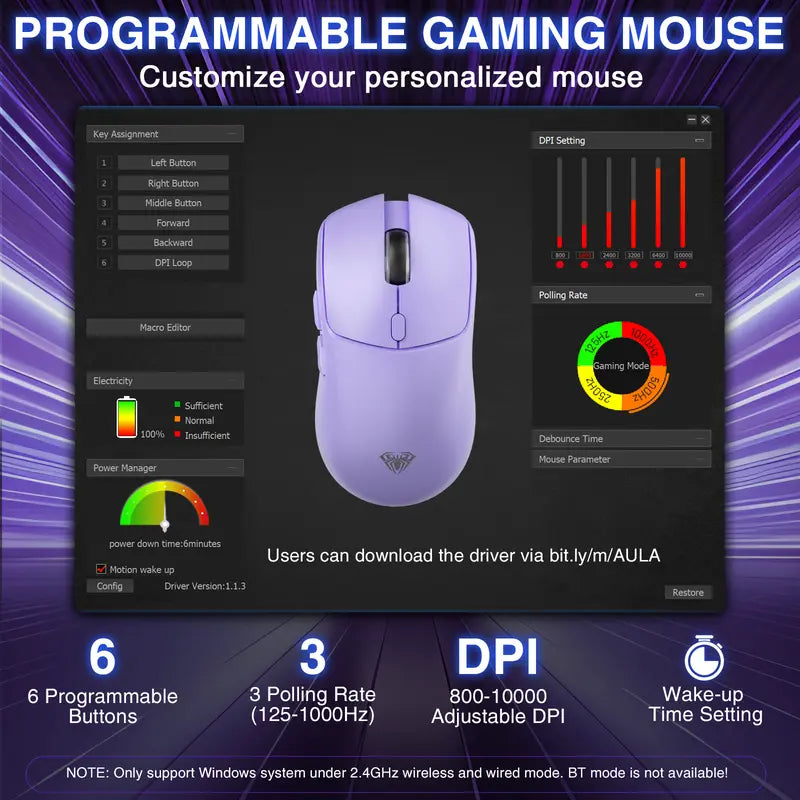 AULA SC580X Wireless Gaming Mouse, Tri-Mode 2.4G/BT5.0/USB-C, 10000 DPI Rechargeable Wireless Mouse with 6 Programmable Buttons, Ergonomic Computer Mouse for Laptop/PC/Mac/Tablet, Lightweight High Polling Rate Mouse