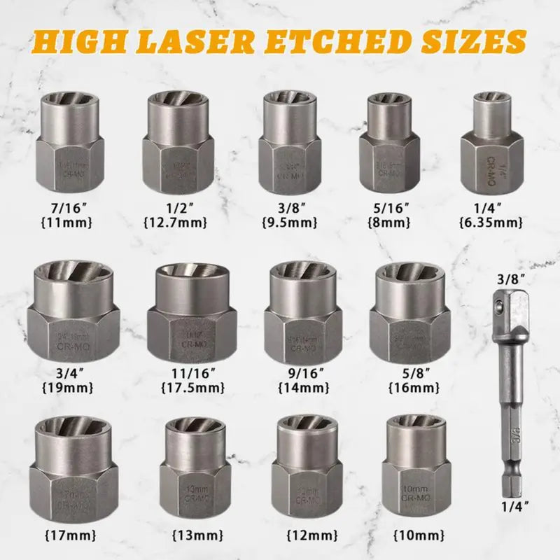 Bolt Extractor Tool Set, 13+1 Counts Impact & Nut Remover Stripped Lug Remover,Drive Rounded Bolt Remover for Removing Damaged,Universal Impact Bolt Extractor  [Sold 1000+ units]