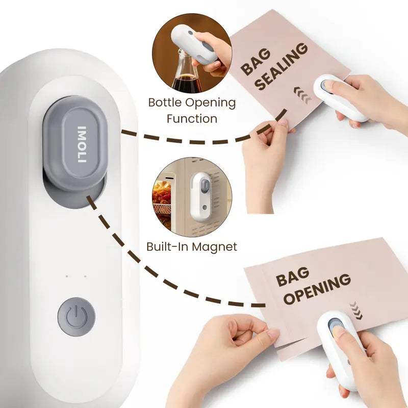 IMOLI New 4 in 1 Mini Sealing Machine Snack Bag Portable Beer Bottle Opener Built-In Cutter USB Rechargeable Plastic Heat Sealer for Food Storage Magnetic Design Home Kitchen Pet Supplies Camping