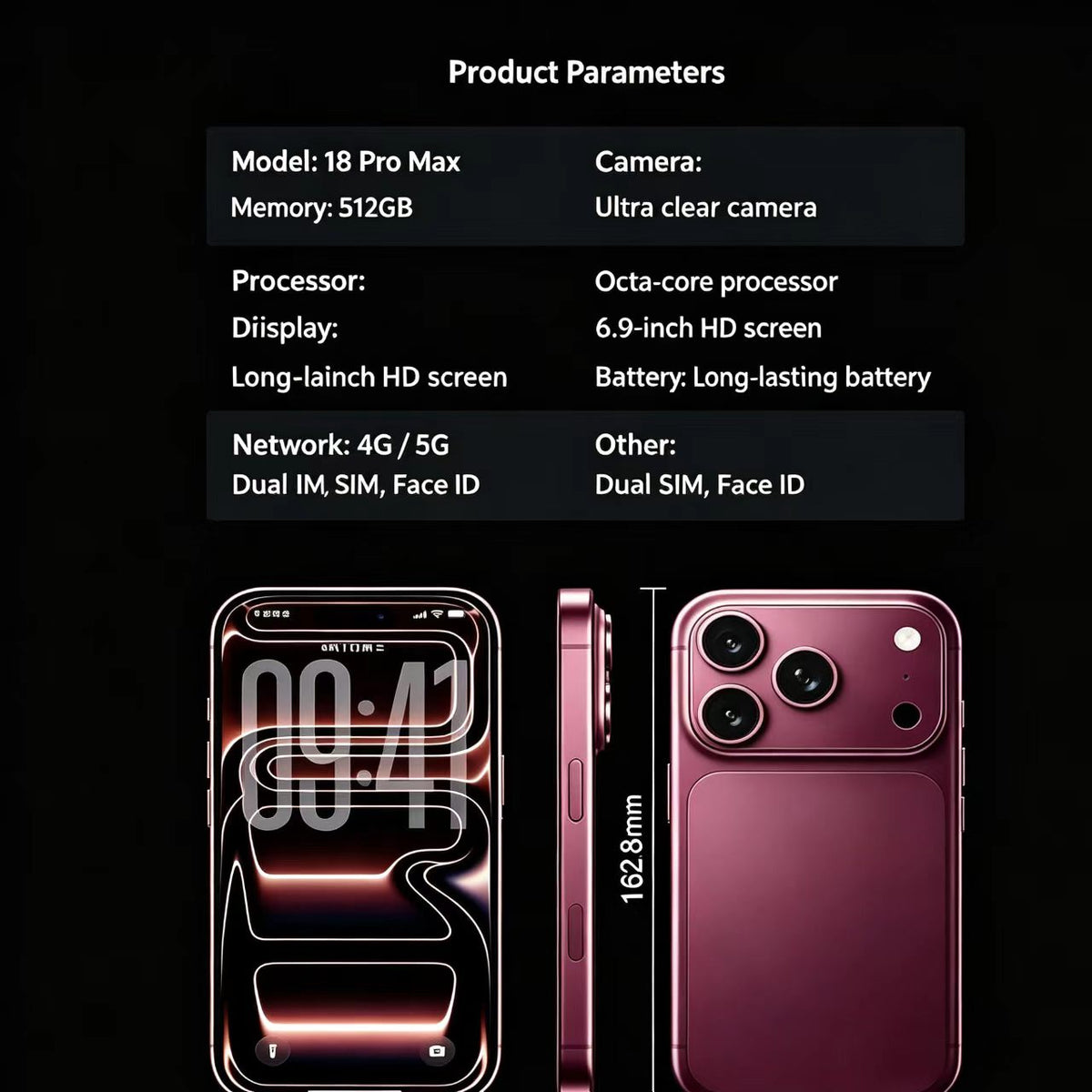 Huaqiangbei 18 Pro Max Smartphone New Launch, 18+256G Burgundy Color, Brand New Unopened, AI Smart Gaming Phone（1,000+ sold）