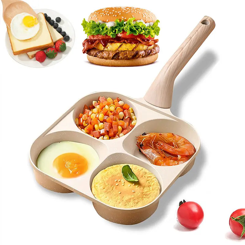 Non-stick Egg Frying Pan, 4 Hole Skillet with Handle, Cooking Accessories, Breakfast Egg Toast Bread Food, Non Stick Cookingware, Kitchen Gadgets Granite surface, easy clean, works on gas stove & induction. versatile kitchen cookware for home chefs!