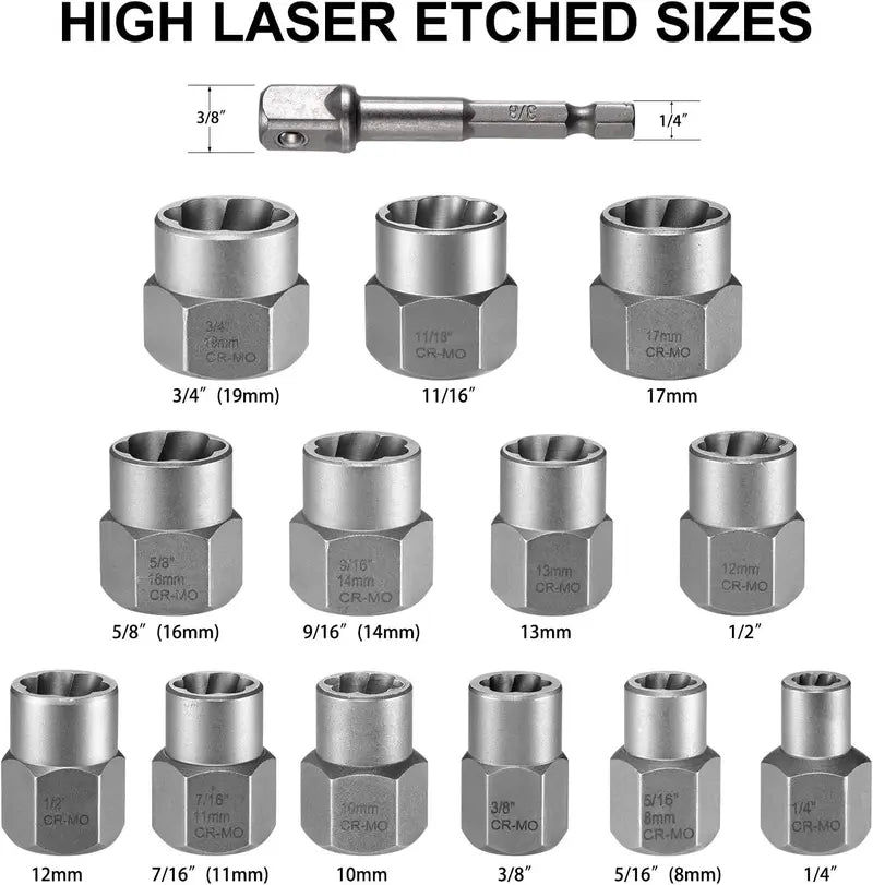 THINKWORK Bolt Extractor Tool Set, 13+1 Counts Impact & Nut Remover Stripped Lug Remover, Drive Rounded Bolt Remover for Removing Damaged, Frozen Universal Impact impact bolt Socket Wrench Set