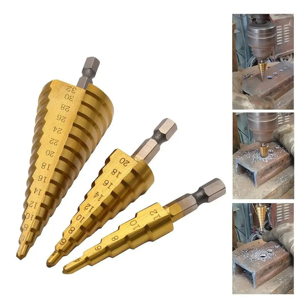 3-Count Titanium Coated High Speed Steel Step Drill Bit Set, Multi-Size Unibit Tool for Drilling Cutting Holes in Aluminum, Wood, Plastic, Ideal for DIY Lovers