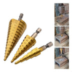 3-Count Titanium Coated High Speed Steel Step Drill Bit Set, Multi-Size Unibit Tool for Drilling Cutting Holes in Aluminum, Wood, Plastic, Ideal for DIY Lovers