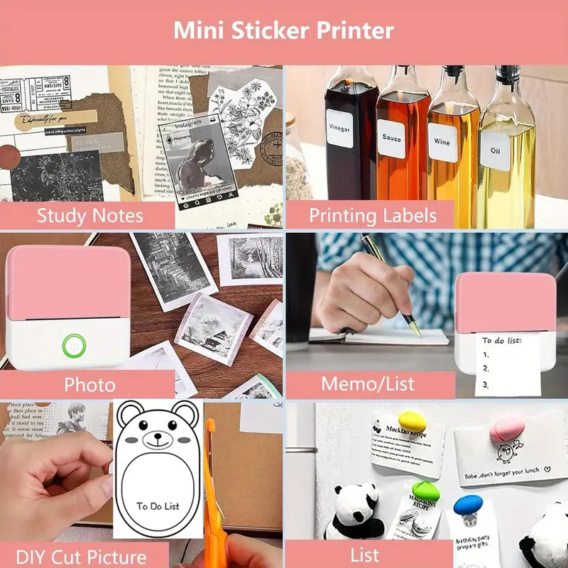 Mini Sticker Printer, Portable Inkless Sticker Maker, Pocket Photo Printer, Thermal Printer Label Maker with 5rolls Paper, Portable Handheld Printer, for Pictures, Photos, Journals, DIY, Label Printing, Compatible With IOS&Android