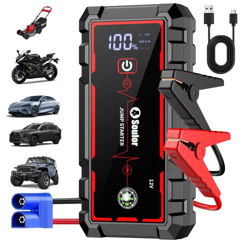 Soulor 8000mAh Portable Car Jump Starter 12V Battery Booster Power Bank with LED Emergency Light, LCD Display and Smart Jumper Cables for Cars SUVs Trucks fathersdaygift