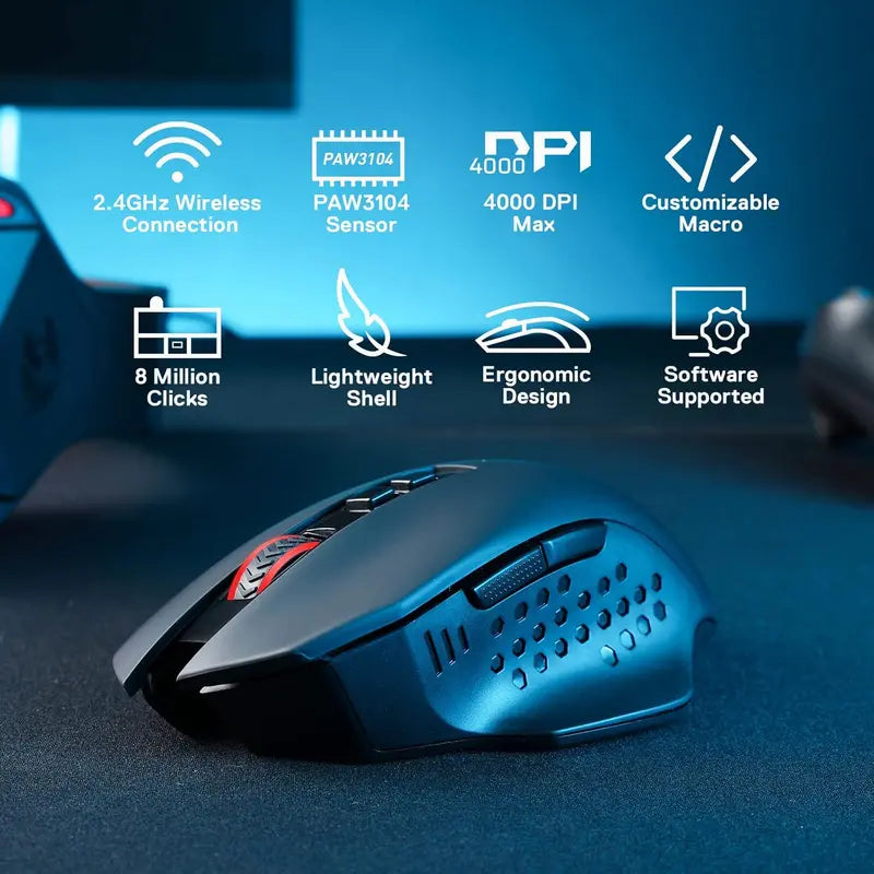 Redragon M656 Gainer Wireless Gaming Mouse, 4000 DPI 2.4Ghz Gamer Mouse w/ 5 DPI Levels, 7 Macro Buttons, Red LED Backlit & Pro Software/Drive Supported, for PC/Mac/Laptop,summerwins