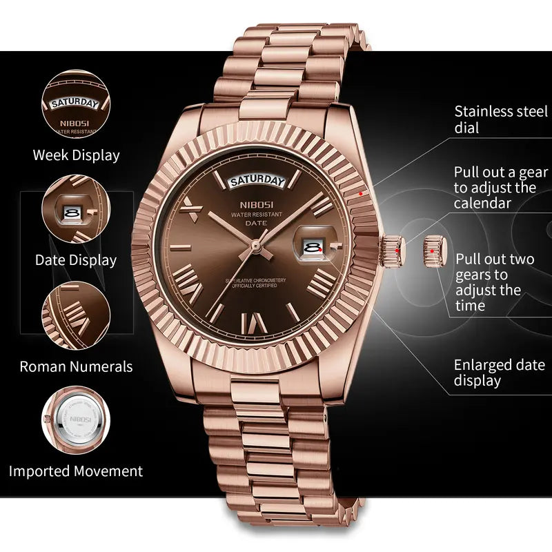 Men's Business Fashion Analog Quartz Watch - Rose Gold Stainless Steel, Round Face, Day-Date, Luxury Brown Dial, Durable Watch, Dress Wristwatch, Versatile Gift for Him (Anniversary, Birthday, Unique), Business Fashion Watch  [Sold 1000+ units]