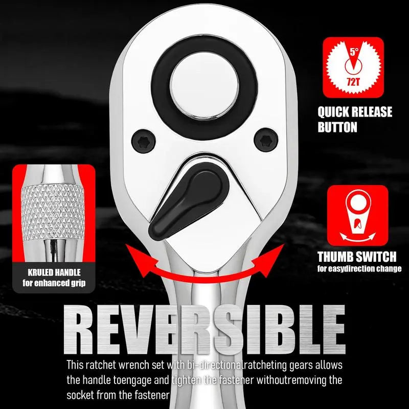 Ratchet Set, 1/4", 3/8", 1/2" Drive Ratchet Stubby Handle Wrench, 72-Tooth Quick-Release Reversible Wrench Set, Professional Hand Tool,Blackfriday,Christmas Gift   [Sold 1000+ units]