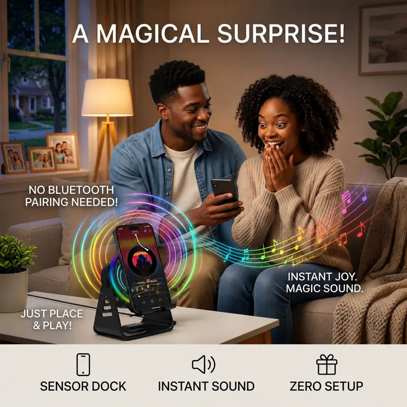 [7-in-1 Upgrade] Wireless Induction Speaker Phone Stand with Remote Control, microphone speaker,3500mAh Emergency Power Bank, 360° Rotating Cellphone Tablet Holder with RGB Ambient Light, Perfect Gadget Gifts  [Sold 1000+ units]