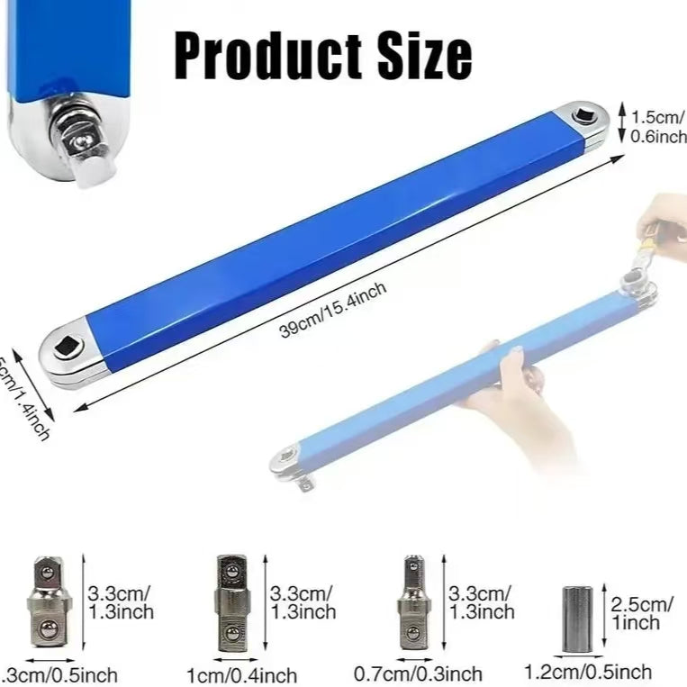 Offset Extension Wrench, Upgraded Impact Ready Extension Wrench Set, with 4pcs 1/2", 1/4" and 3/8" Square Drive Adapters, 15" Socket Wrench Tool, Universal Extensions Wrench for Hard-to-reach Place, SummerVibes