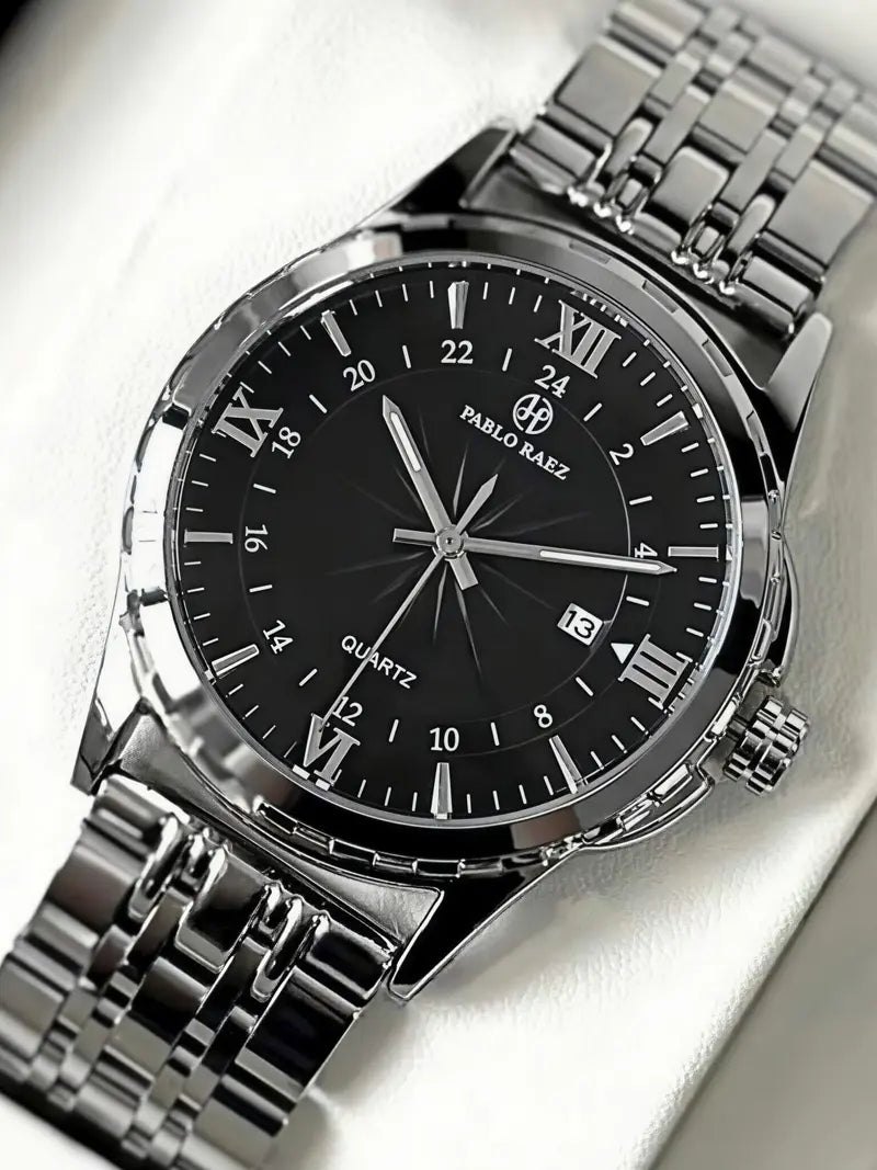 Men's Business Fashion Round Dial Analog Quartz Stainless Steel Watch, Fashion Watch for Party, Daily Clothing Decor, Trendy All-match & Exquisite Watch for Birthday Gift with Box [Sold 1000+ units]