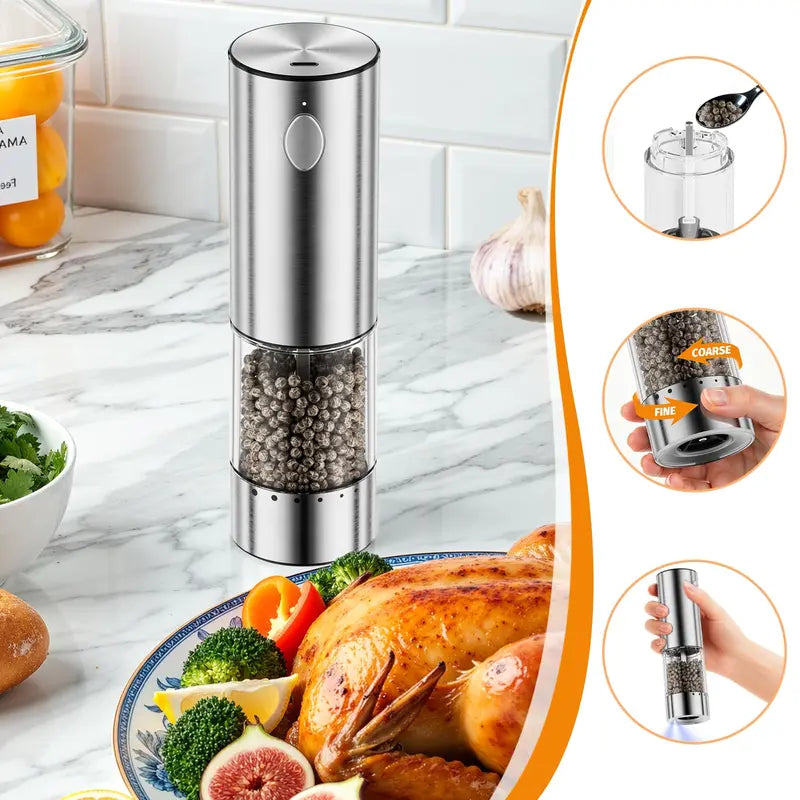 【New】HomeHacks Electric Salt & Pepper Grinder Sets （2PCS）- LED Light,Rechargeable, Freely adjustable grind size(6 Settings) , One button,One hand,Huge upgrade, for Home Kitchen & BBQ