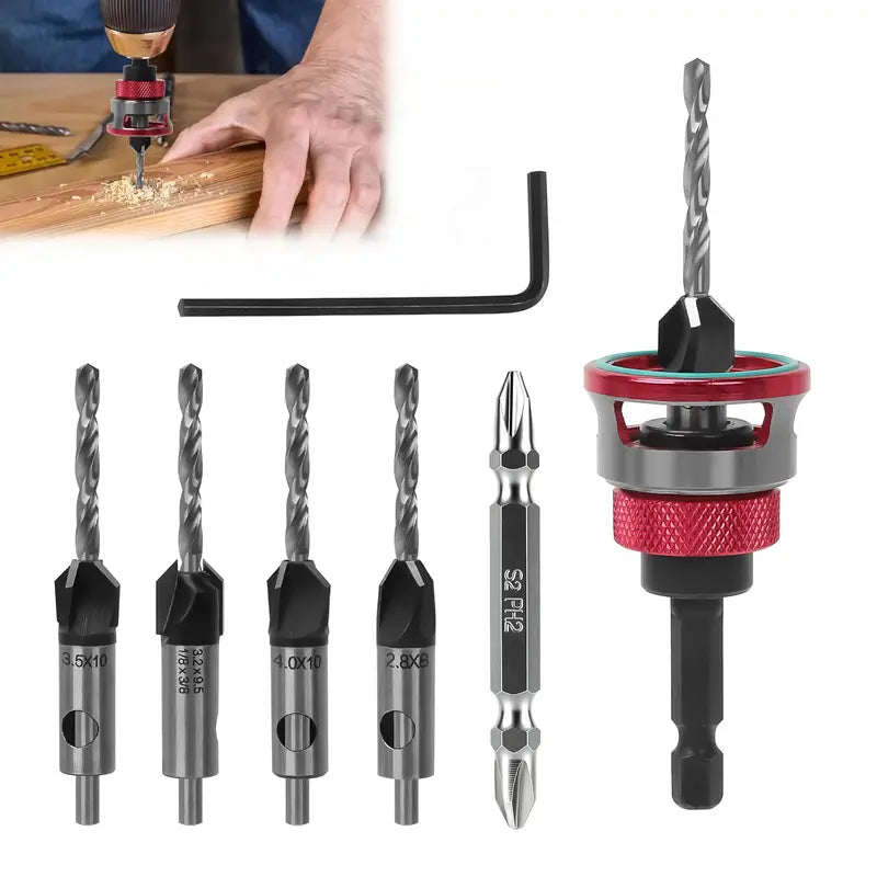 4PCS High Carbon Steel 4-Blade Countersink Drill Bit Set with Depth Adjust Stop, L-Shape Wrench Tool, Included Tool for Woodworkers’ Precision Drilling in Wood/Plastic,toolupgrade   [Sold 390 units]