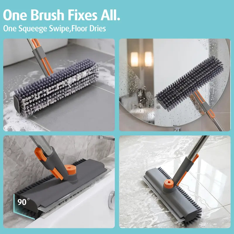3-in-1 Floor Scrubber Squeegee Combo - Long Handles, 360° Rotatable, Heavy-Duty Stiff Bristle Scrubber, 3in1 Glass Wipe for Bathtub, Shower, Home Cleaning Supplies (Shower Broom Squeegee), Brush+Squeegee, Durable